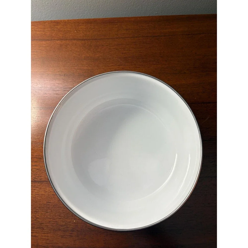 Vintage White Enamelware Nesting Bowls Blue Sponge Heart Pattern Country Cottage